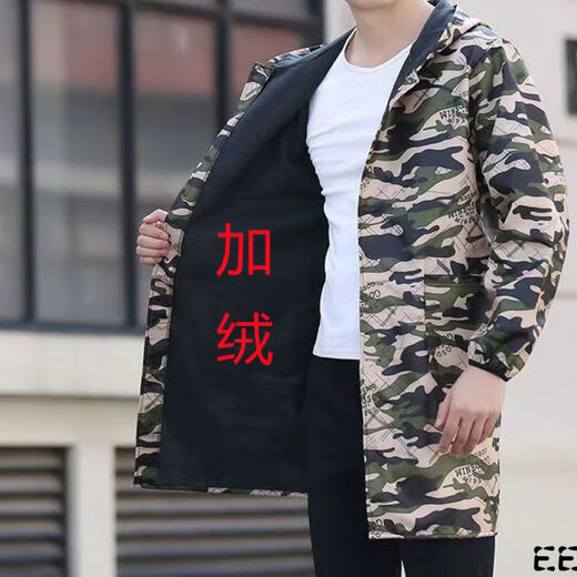 Guiren Xiong velvet thickened smock, warm coat, men's and women's work clothes, waterproof and oil-proof camouflage long coat, kitchen long-sleeved labor insurance suit, red floral (with hood), medium size (120-170)