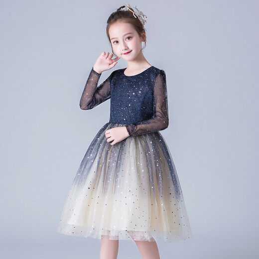 New children's skirt, starry sky skirt, evening dress, princess skirt, girl's stylish fluffy gauze flower girl host costume, piano performance dress, spring and autumn long-sleeved girl's birthday party warm long-sleeved skirt 140