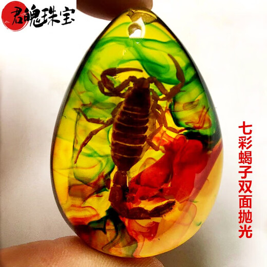 Junpo Natural Real Insect Colorful Amber Water Drop Pendant Scorpion Butterfly Sweater Chain Men's and Women's Accessories Spider Raw Stone Gift Colorful Scorpion Double-sided Rope Style