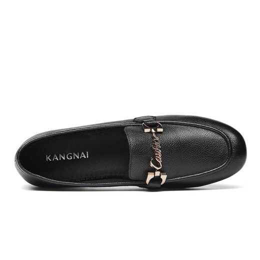 Kangnai Spring and Autumn Women's new cowhide single shoes fashionable shallow mouth round toe set versatile loafers 18296021 black 38