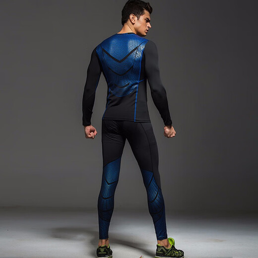 Yihaote (yihaote) spring and summer thickened velvet thermal tights for men quick-drying long-sleeved fitness clothes for men high elastic sports basketball running sweat-absorbent elite black pants + blue and silver suit need to add velvet to take a message L (170-175 height. 120-135 Jin Jin equals 0.5 kg)