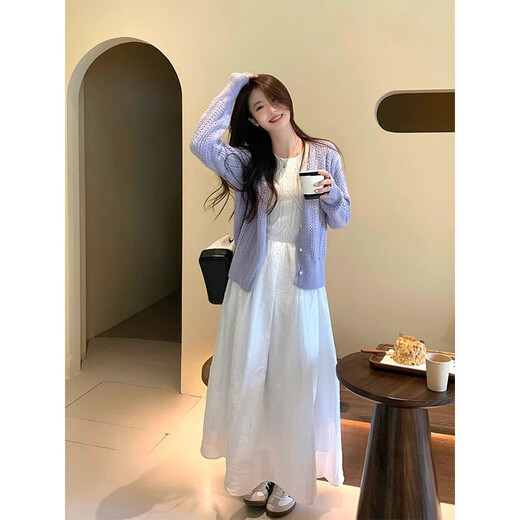 Xuefei Lanqi Autumn and Winter Dress Women's Wear Complete Set 2025 New First Love Pure Milky Sweet Suit White Skirt Purple Cardigan + Dress M Recommendation 95-110 Jin Jin equals 0.5 kg