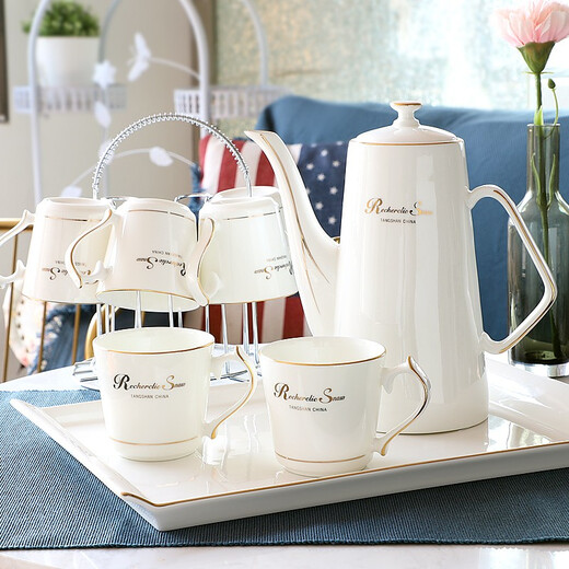 Pinlaiyun ceramic cup water cup set cold and cool kettle bone china heat-resistant teapot household drinking set European living room tea cup camellia water set 9 pieces (with bone china tea tray)