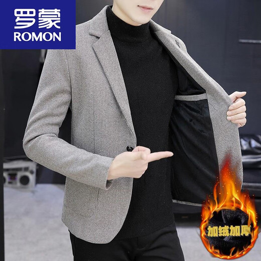 ROMON autumn and winter woolen suit men's jacket plus velvet thick single Western Korean version slim fit top trend gray 1988 suit plus velvet XL
