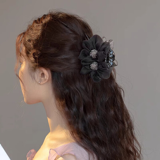 Xiangwan Hair Clip Flower Gauze Clip Women's Hair Volume Hair Clamp Back of Head Hair Clip Shark Clip Hair Accessory Black