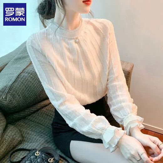 ROMON Lace Shirt Women's Spring, Autumn and Winter French Long Sleeve Fashionable 2025 New White Bottoming Top 2205 L (111-120Jin Jin equals 0.5 kg)