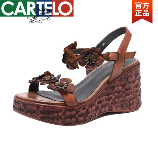 CARTELO brand ethnic style flower hollow thick-soled sandals for women to wear 2025 summer summer genuine leather retro wedge high-heeled women's shoes green 36