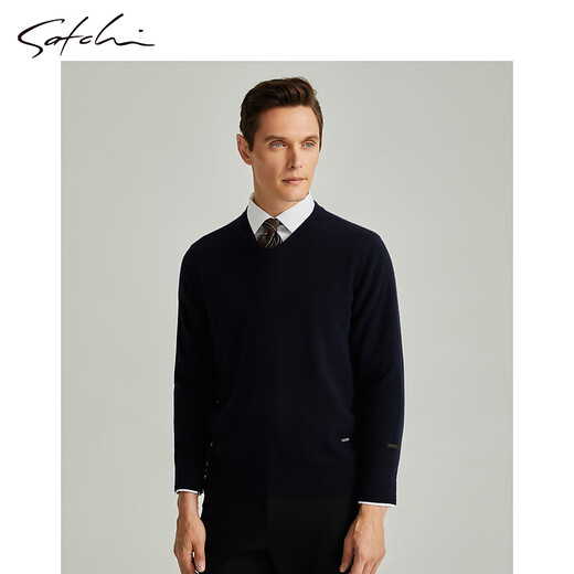 SATCHI Men's Sweater Autumn New Light Mature Style V-neck Cashmere Sweater 100% Cashmere Navy 48