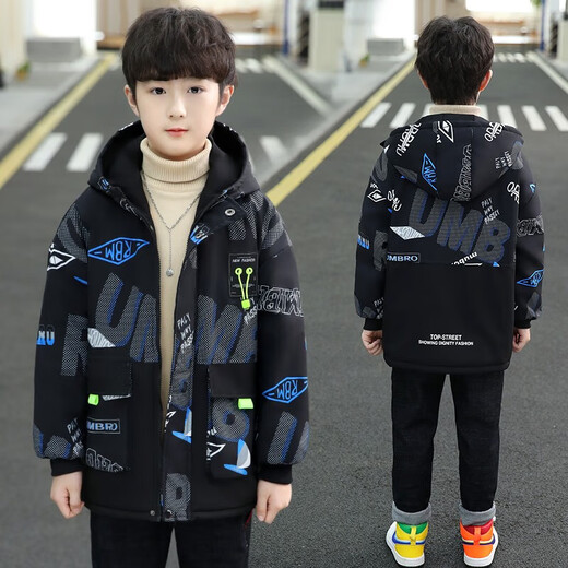 Cool Meng Chenchen Boys' Jackets Autumn and Winter New Fashion Boys' Jackets Mid-Length Korean Version Middle and Large Boys Boys Spring Autumn Winter Children's Velvet Windbreaker Boys Thickened Jacket Blue Velvet 150