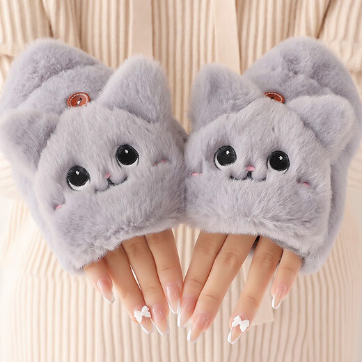 Demi Anissa Gloves Women's Winter Cute Plush Kitten Girly Style Korean Style Versatile Student Fingerless Gloves Dual-Purpose Autumn and Winter Thickened Warm Cartoon Flip Half Finger Gloves Cat White Flip Style