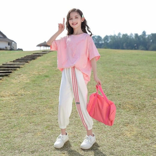 Mipaika cute children's clothing girls suit summer new style children's short-sleeved medium and large children's girl nine-point pants summer style two-piece suit green 140 size recommended height 130-140 cm