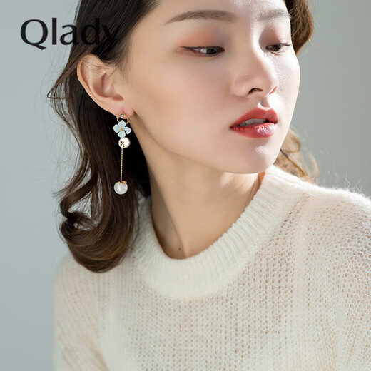 Women's asymmetrical pearl earrings for women, fashionable long tassel internet celebrity flower silver earrings for female students, sweet 925 silver needle earrings, ear wire earrings, gift for girlfriend, fresh blue