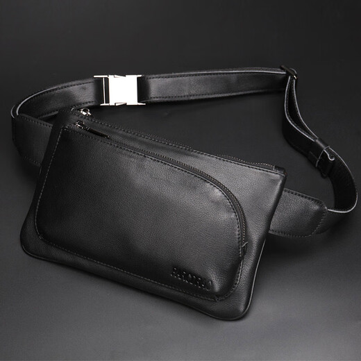 Kangaroo genuine leather men's waist bag mobile phone bag Korean style trendy first-layer cowhide chest bag multi-functional outdoor sports shoulder crossbody bag plain black Napa calfskin