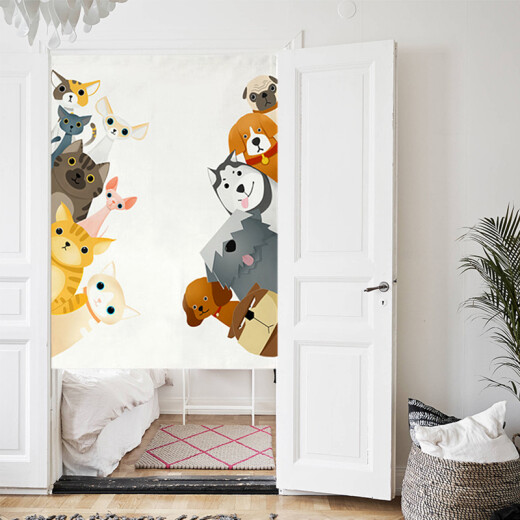 Diyin DIYin Nordic door curtain fabric windproof curtain partition curtain home bedroom Japanese style kitchen bathroom half curtain no punching cute cats and dogs 85*150