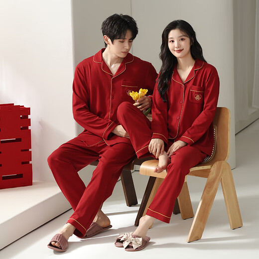 LangSha (LangSha) wedding newlywed couple pajamas for one man and one woman, spring and autumn pure cotton long-sleeved Chinese red home clothes two sets price 862 for women + 762 for men, L for women + XL for men