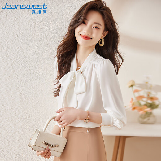 Jeanswest long-sleeved shirt women's autumn top French bow temperament women's professional wear shirt white M