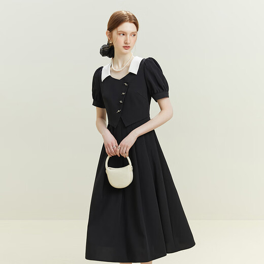 Fanslanen 23FS12399 fake two-piece French style dress for women summer new commuter slimming black XS