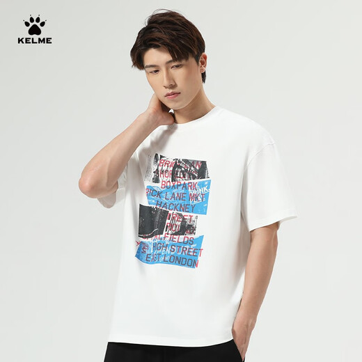 卡尔美（KELME） 圆领短袖男夏季新款纯棉T恤透气足球国潮休闲印花短t 9224TX1053 白色 XL