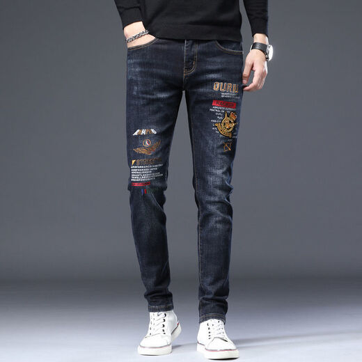 European moderno marca de moda y otoño Jeans impresos con luz impresa para hombres European European pantalones de moda elástica de alta gama SN1916 Blue Grey 6628 31 Circunción de cintura (2 pies 4)