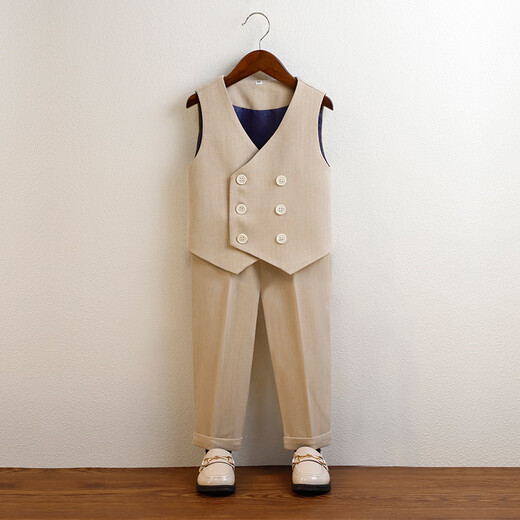 温格奥（WENGEAO）儿童礼服男童主持人服装花童西服西装套装六一儿童节演出服王子服 卡其色马甲+短袖+长裤+领结+胸花 120cm建议体重42-50斤