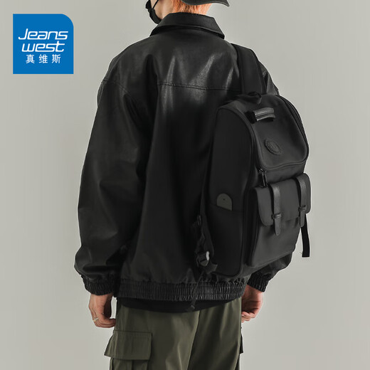 Jeanswest retro spring and autumn new leather jacket men's PU leather coach bomber jacket American casual loose motorcycle suit JK80 black L