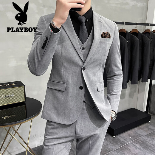 Playboy light mature style casual large size suit suit for men, Korean style slim fit two-button three-piece suit for commuting business small suit trendy light gray suit + trousers 3XL 152-162Jin Jin equals 0.5 kg