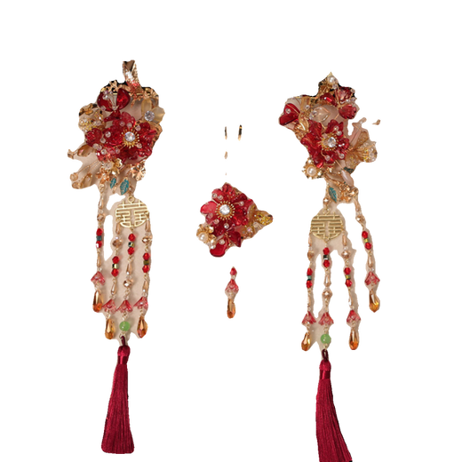 Babu Duo Xiuhe tiara ancient costume 2024 new new Chinese style bride super fairy red tassel hairpin wedding dress accessories red hair accessories set