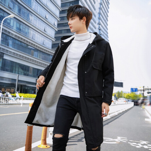 Men's trendy brand autumn and winter new men's lamb wool hooded mid-length plus velvet thickened warm windbreaker men's loose workwear cotton coats men's plus size military green XL