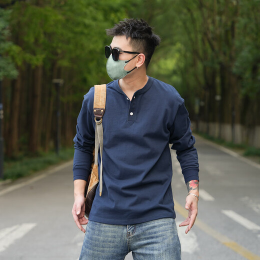 PKSAQ American retro heavyweight Henley shirt T-shirt men's casual long-sleeved bottoming shirt Ami khaki work shirt men's iron gray L