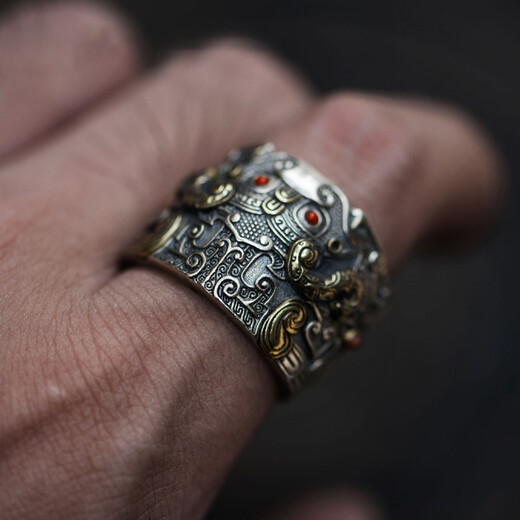 CHAUIYIN Chaoyin Jewelry Ring S925 Silver Taotie Animal Face Pattern Open Ring for Men and Women Ring Fashion Personality Domineering Southern Red Style