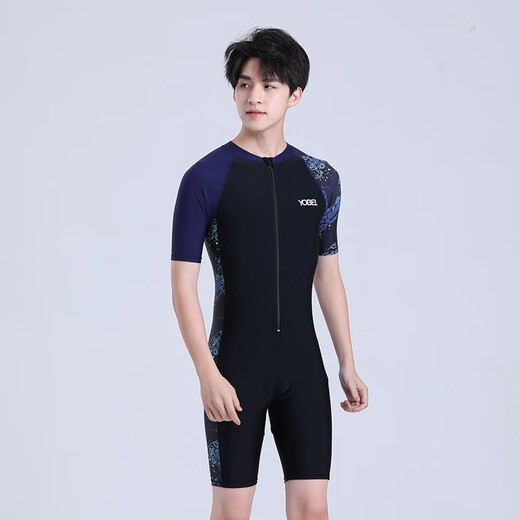 Yobel Men's Swimwear Professional One-piece Swimsuit Teenagers Sunscreen Quick-drying Plus Size Adult Surf Suit Summer Black with Blue Flowers XL Weight 110-130Jin Jin is equal to 0.5 kg