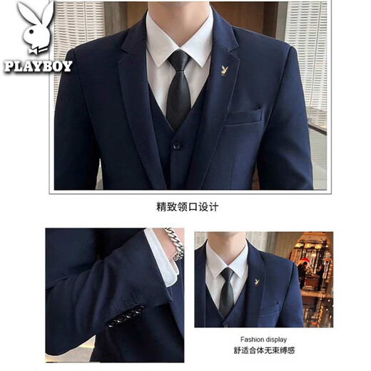 花花公子【高档】西装男套装男士修身商务休闲正装西服男伴郎新郎礼服外套 黑色双扣套装+马甲+衬衫+大礼包 M