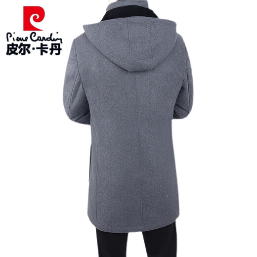 Pierre Cardin wool windbreaker men's winter mid-length plus velvet winter warm woolen coat mid-length woolen coat with hood winter coat black wool style XL