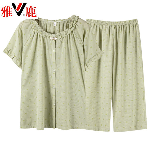 雅鹿梭织纯棉睡衣女夏季薄款短袖七分裤纱布全棉显瘦休闲家居服套装 5021 170(XL) 120-160斤
