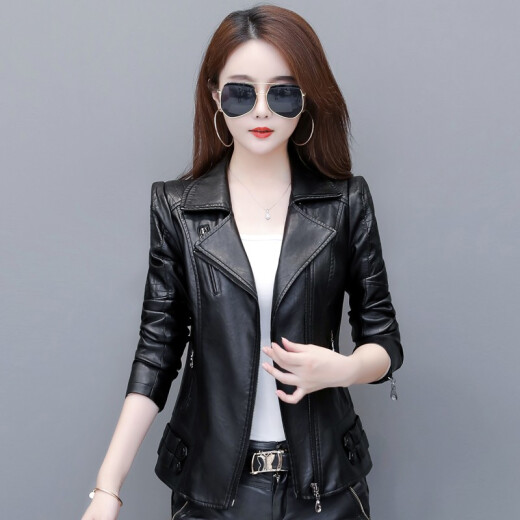 Women's Leather Jacket Autumn 2019 New Korean Fashion Casual Youth Internet Celebrity Same Style Slim Xiaoxi Short Jacket 606 Black XXL115-125Jin [Jin equals 0.5 kg]