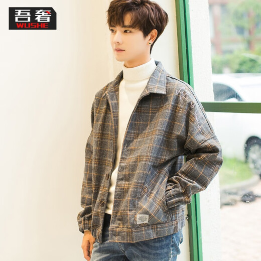 Wushe Jacket Men's Spring New Korean Style Woolen Plaid Jacket Hong Kong Style Trendy Men's Casual Woolen Clothes Teenage Students Loose Popular Men's Clothing Plus Size CC-JK18 Dark Gray Plaid 5XL (185-200Jin [Jin equals 0.5 kg])