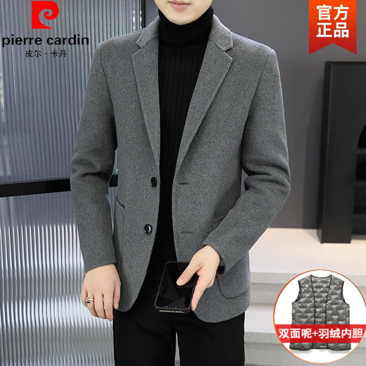 Pierre Cardin Double-sided Woolen Suit Jacket Men's Business Casual Autumn and Winter Thickened Removable Down Liner Short Suit Knitted with Down Liner Black XL 130-145Jin Jin is equal to 0.5 kg