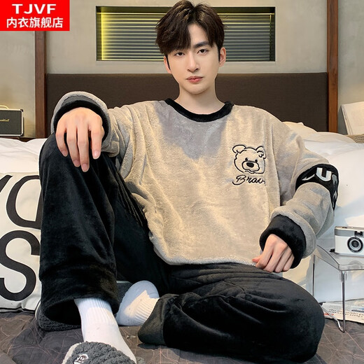 TJVF Pijamas para Hombre Otoño e Invierno Franela Fina Jersey de Dibujos Animados para Estudiantes Conjunto de Ropa para el hogar de Lana Coral de Manga Larga 3883-Bnave Bear 2XL Hombre
