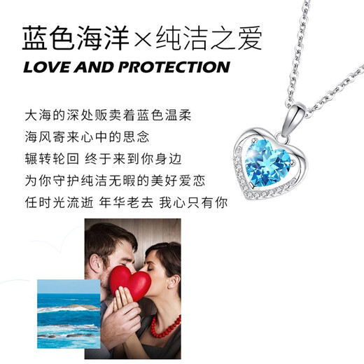 Falinro Ocean Heart Necklace Women's Silver Clavicle Chain Heart-Shaped Pendant Birthday and Valentine's Day Commemorative Gift for Girlfriend and Wife Light Luxury Style-Blue Ocean Heart Necklace Engraving