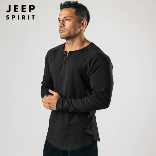 JEEP SPIRIT Retro Heavy Henley Long Sleeve T-Shirt Solid Color Sports Fitness Bottoming Shirt Men's Pure Cotton Stretch Thin V-Neck Cardigan Black XL