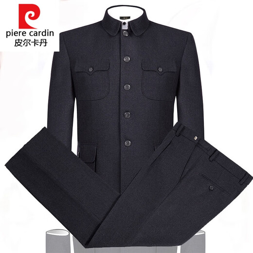 Pierre Cardin Chinese tunic suit for middle-aged and elderly men, lapel pure woolen tunic suit for father and grandfather, black and gray wool, moderate thickness, S 165/70 (top and pants)