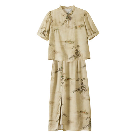 INMAN New Chinese Style National Style Printed Two-piece Suit Women's 2024 Summer Retro Literary High-Quality Shirt Slit Skirt Pear Blossom Yellow S