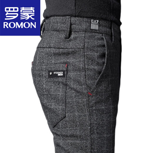 罗蒙（ROMON）春秋男士休闲裤商务西装裤子磨毛百搭裤子韩版潮流爸爸格子裤男款 黑色 1098 常规 33 二尺六