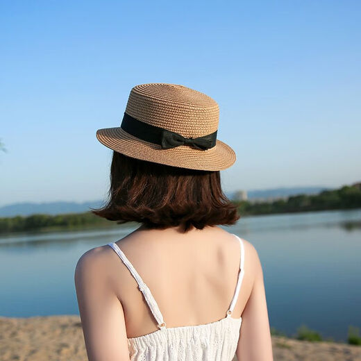 十方秀才草帽女夏天英伦复古平顶小清新礼帽遮阳防晒沙滩帽子出游潮夏 平顶爵士蝴蝶结-米色