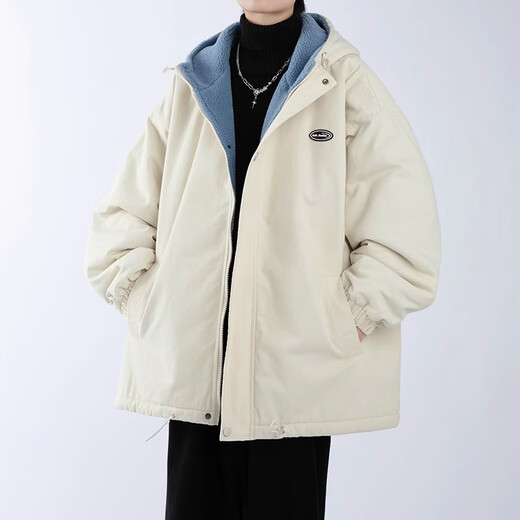 RFKU sherpa jacket men's casual loose plus velvet thick cotton clothing trendy brand autumn and winter warm and handsome loose hooded jacket black XL (recommended 140-165 Jin Jin equals 0.5 kg)