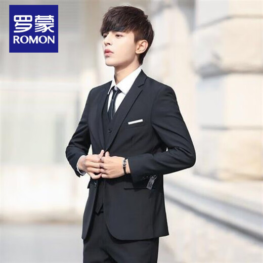 Luo Meng High School Adult Dress Suit Boys Suit Suit Men's Five-piece Korean Slim Small Suit Horse Black Suit + Pants + Vest + Shirt + Tie 2XL 140-155Jin Jin is equal to 0.5 kg