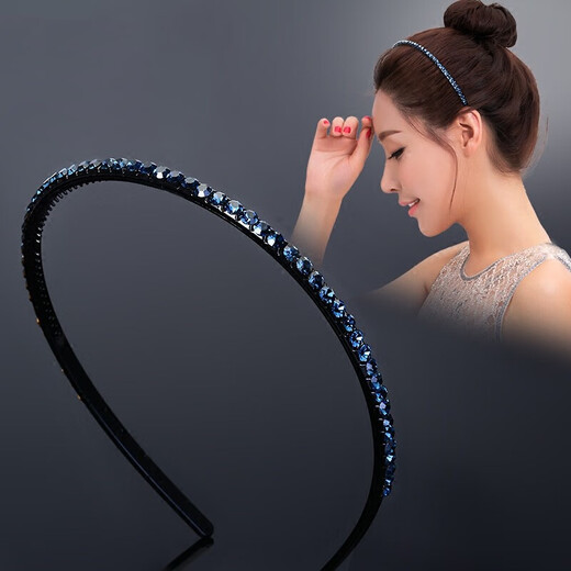 Yaguiren Hairpin Hairband Women Korean Hairband Simple Versatile Fresh Temperament Summer Head Hole Rhinestone Pressed Hair Anti-Slip Headband Dark Blue