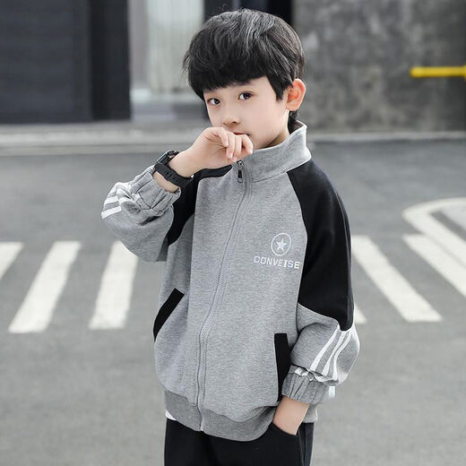 Ainolun boys' thin coat 8-12 years old primary and secondary school students, middle and large children's clothing boys primary and secondary school students autumn clothing season sky tops casual outing clothing fashionable baseball uniform sportswear comfortable black round label jacket 150 size recommended height 140 cm