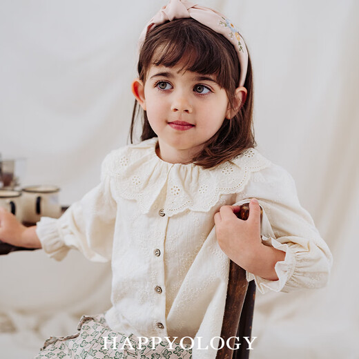 Happyology British children's tops girls embroidered shirt lapel spring and autumn embroidered long-sleeved shirt khaki 104 (104cm)