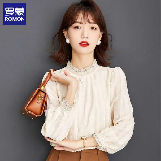 ROMON Lace Shirt Women's Spring, Autumn and Winter French Long Sleeve Fashionable 2025 New White Bottoming Top 2205 L (111-120Jin Jin equals 0.5 kg)